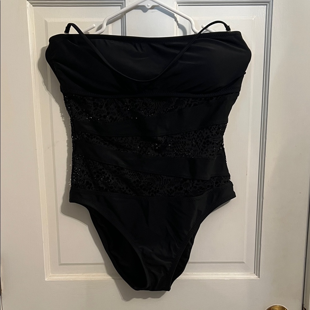 Black Strapless Swimsuit with Lace Detail